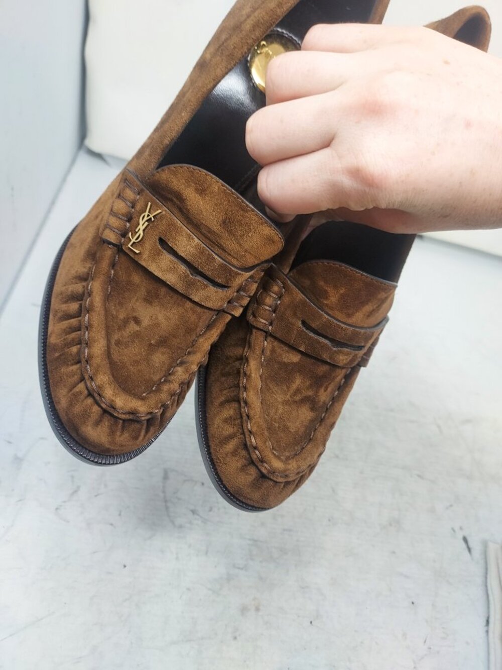 SAINT LAURENT YSL Brown Le Loafer Logo Suede Pump - Picture 8 of 12